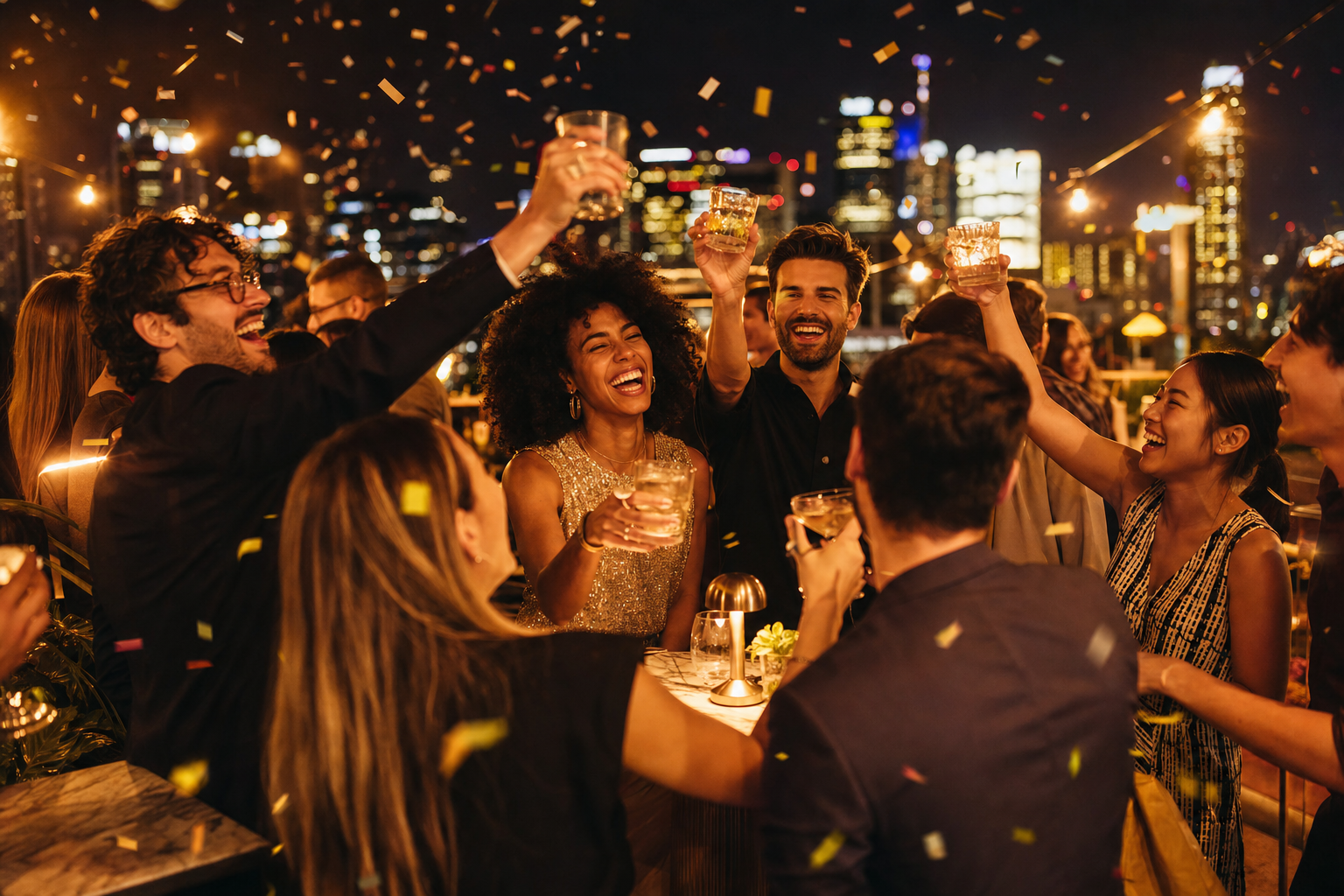 Group of friends celebrating on a rooftop